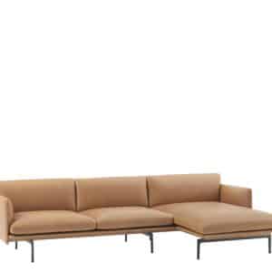 Muuto Outline Sofa Chaise Lounge - Cognac Refine Læder - Sort Stel